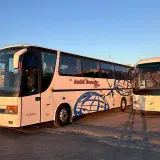 Due bus Ischia Transfer pronti per il servizio. Uno bianco con decorazioni blu, l'altro bianco.