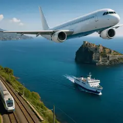 Treno costiero, traghetto e aereo: un viaggio da Napoli al porto per Ischia, con vista su un castello su un isolotto.