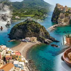 Ischia a settembre: terme naturali, borgo colorato, castello medievale e un piatto fumante con vino bianco.
