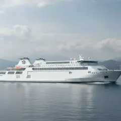 Traghetti Napoli Casamicciola: un grande traghetto bianco solca il mare, pronto a trasportare passeggeri verso l'isola.