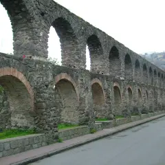 Antichi pilastri in pietra e mattoni, parte di un acquedotto a Ischia, si estendono lungo una strada.