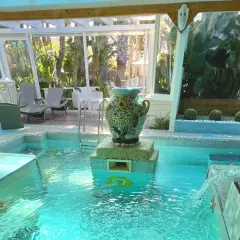 Piscina interna con idromassaggio e fontana a forma di testa di Buddha, decorata con un vaso antico. Relax al **hotel la villa Ischia**.