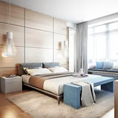 Camera da letto moderna con testiera in legno, letti comodi e un angolo relax vicino alla finestra, come nei comuni di Ischia.