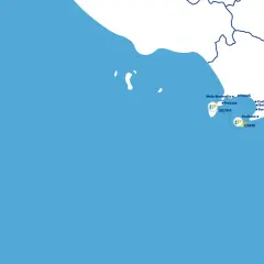 Mappa delle rotte marittime: un aliscafo collega Ischia e Capri, con fermate a Napoli, Procida, Sorrento e lungo la Costiera Amalfitana.