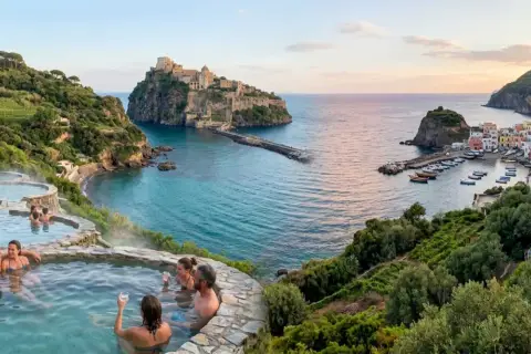 Coppie rilassate in una sorgente di nitrodi gratis con vista su un castello e un borgo sul mare.