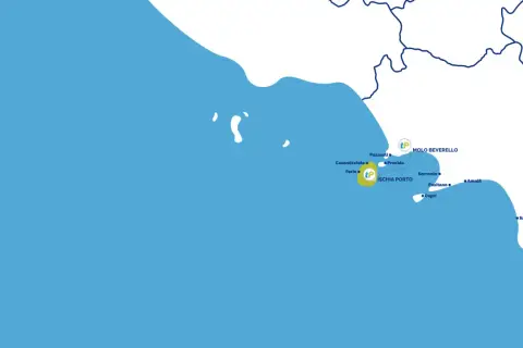 Mappa delle rotte marittime: orari traghetti Ischia Napoli Caremar, con collegamenti per Pozzuoli, Procida, Sorrento, Capri, Amalfi e Salerno.