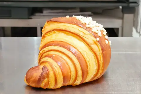 Un delizioso dolce tipico di Ischia, un croissant sfogliato e dorato, cosparso di perline di zucchero croccanti.