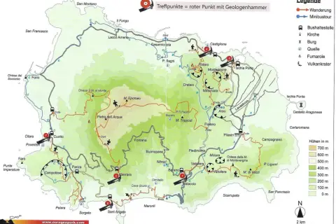 Mappa escursionistica dell'isola d'Ischia, con sentieri che conducono al **monte Epomeo**. Indicati percorsi a piedi e in minibus.