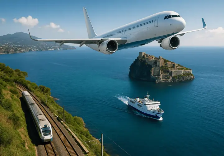 Treno costiero, traghetto e aereo: un viaggio da Napoli al porto per Ischia, con vista su un castello su un isolotto.