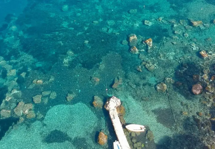 Acque cristalline e fondali rocciosi ad Aenaria, Ischia. Un pontile accoglie piccole imbarcazioni.