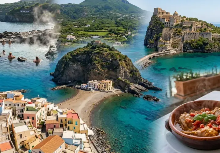 Ischia a settembre: terme naturali, borgo colorato, castello medievale e un piatto fumante con vino bianco.