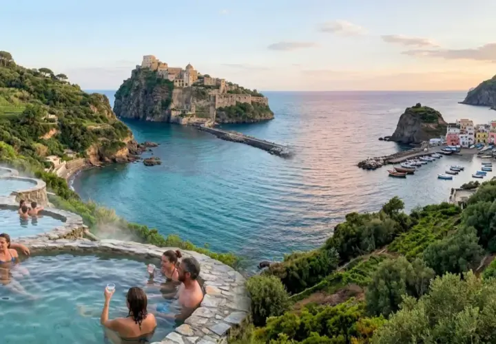 Coppie rilassate in una sorgente di nitrodi gratis con vista su un castello e un borgo sul mare.