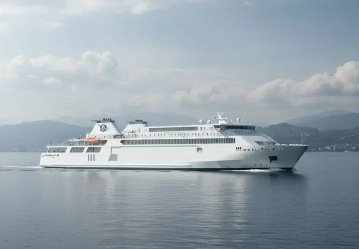 Traghetti Napoli Casamicciola: un grande traghetto bianco solca il mare, pronto a trasportare passeggeri verso l'isola.