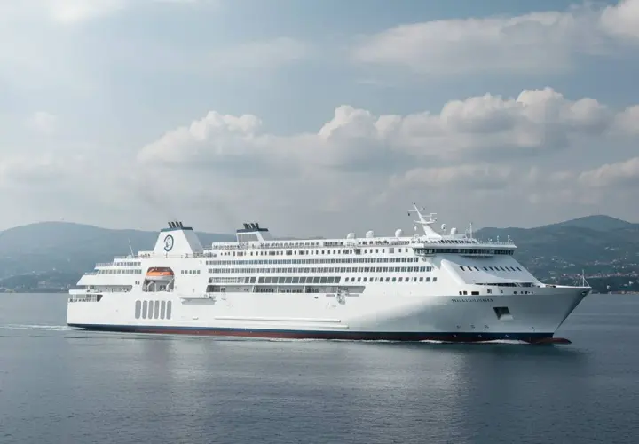Traghetto bianco solca il mare, con le colline di Ischia vista da Napoli sullo sfondo.