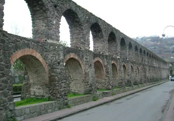 Antichi pilastri in pietra e mattoni, parte di un acquedotto a Ischia, si estendono lungo una strada.