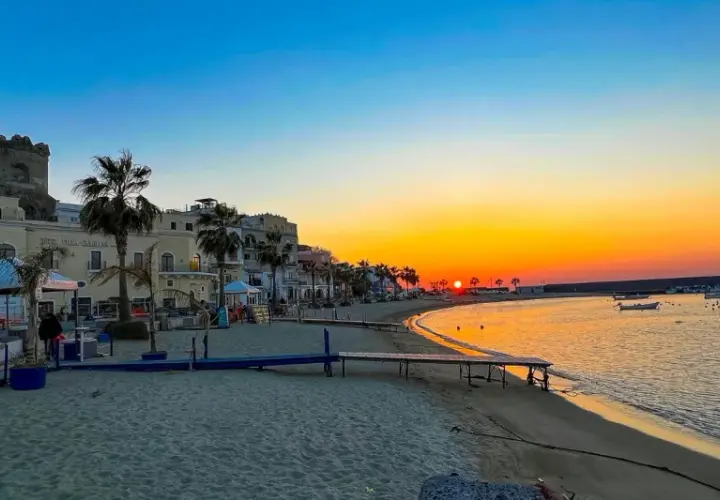 Tramonto dorato sul lungomare di Forio, Ischia. Palme, edifici storici e barche nel porto creano uno scenario incantevole.