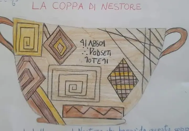 Disegno della coppa di Nestore a Ischia, con motivi geometrici e iscrizione.