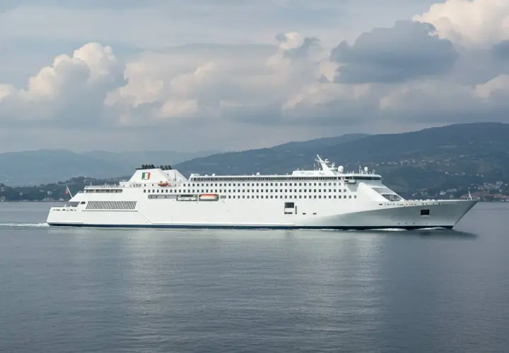Traghetti per Ischia da dove partono? Questo grande traghetto bianco naviga in mare aperto, con montagne verdi sullo sfondo.