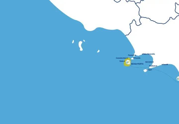 Mappa delle rotte dei traghetti da Salerno a Ischia e altre destinazioni campane come Capri, Sorrento e Amalfi.