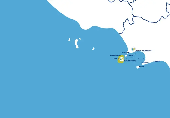 Mappa delle rotte marittime: orari traghetti Ischia Napoli Caremar, con collegamenti per Pozzuoli, Procida, Sorrento, Capri, Amalfi e Salerno.