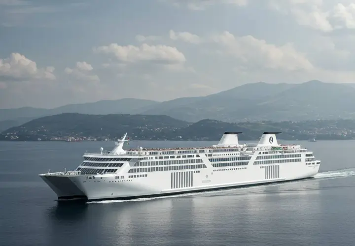 Un grande traghetto bianco solca il mare, pronto a portare passeggeri verso Ischia, con montagne verdi sullo sfondo.