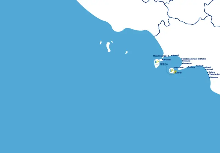 Mappa delle rotte marittime: un aliscafo collega Ischia e Capri, con fermate a Napoli, Procida, Sorrento e lungo la Costiera Amalfitana.