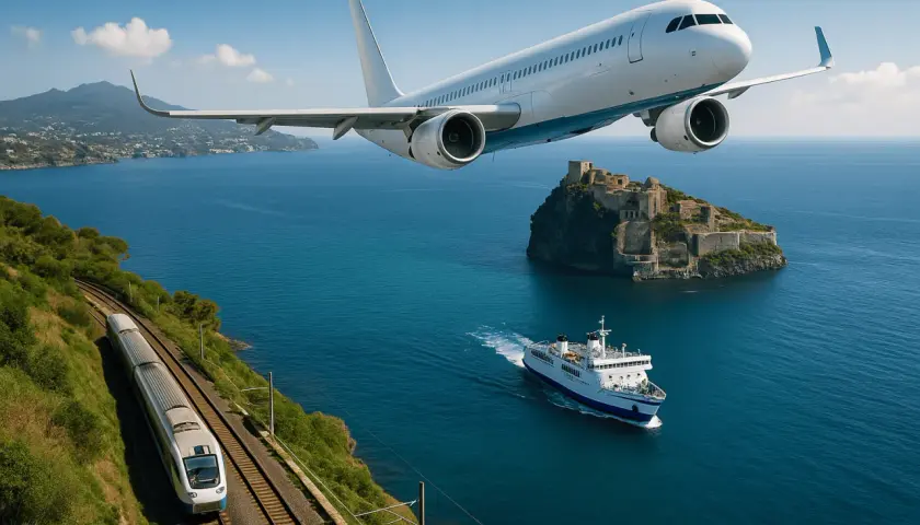 Treno costiero, traghetto e aereo: un viaggio da Napoli al porto per Ischia, con vista su un castello su un isolotto.