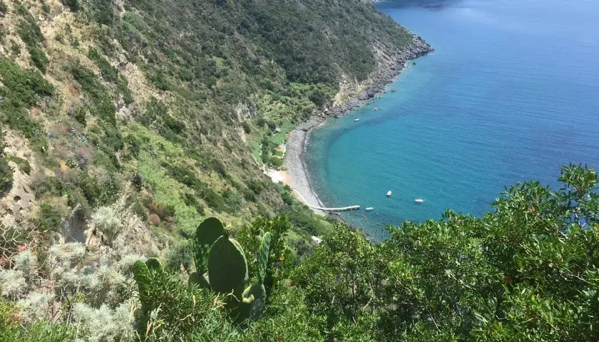 Vista mozzafiato su una baia con acque cristalline e vegetazione lussureggiante. La scarrupata a Ischia, un angolo di paradiso selvaggio.