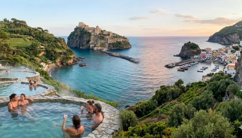 Coppie rilassate in una sorgente di nitrodi gratis con vista su un castello e un borgo sul mare.