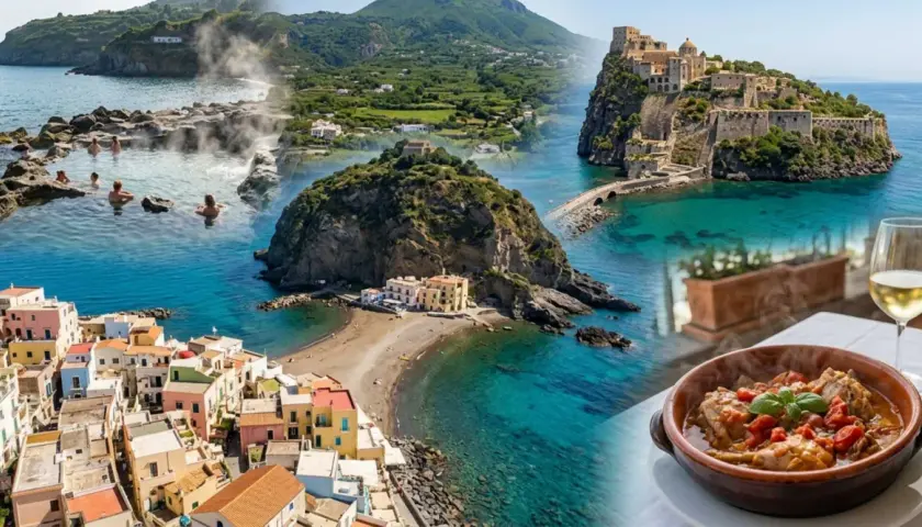 Forio Ischia centro: terme naturali, borgo colorato, castello medievale e un piatto tipico.