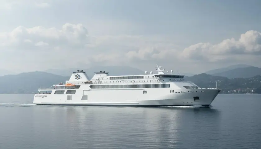 Traghetti Napoli Casamicciola: un grande traghetto bianco solca il mare, pronto a trasportare passeggeri verso l'isola.