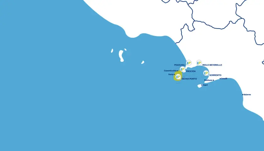 Mappa che illustra come arrivare a Ischia da Napoli (Molo Beverello, Pozzuoli) e altre località come Procida, Sorrento, Amalfi e Salerno.