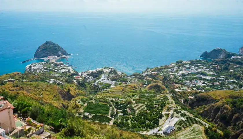 Panoramica mozzafiato di Ischia, con terrazzamenti verdi e il mare blu. Si intravede una casa museo, immersa in questo paesaggio incantevole.