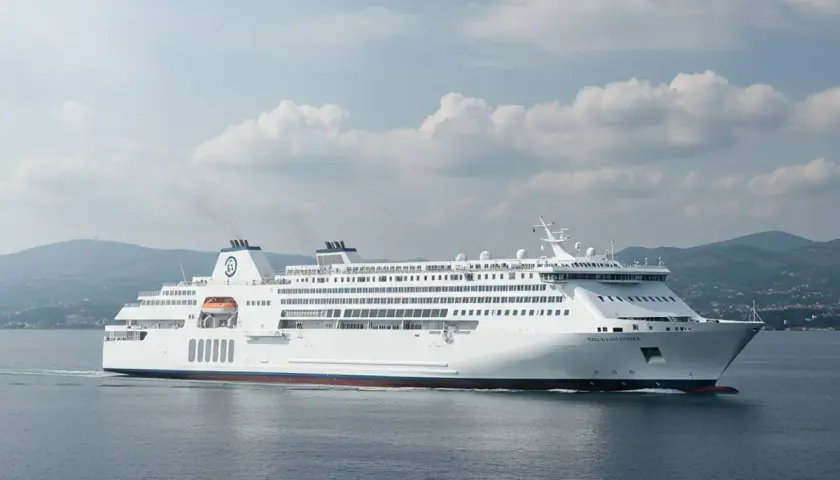 Traghetto bianco solca il mare, con le colline di Ischia vista da Napoli sullo sfondo.