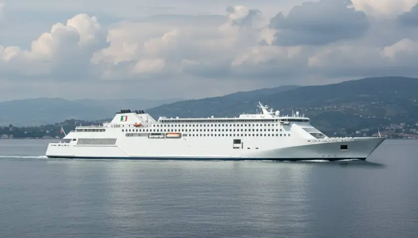 Traghetti per Ischia da dove partono? Questo grande traghetto bianco naviga in mare aperto, con montagne verdi sullo sfondo.