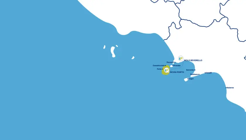Mappa delle rotte marittime: orari traghetti Ischia Napoli Caremar, con collegamenti per Pozzuoli, Procida, Sorrento, Capri, Amalfi e Salerno.