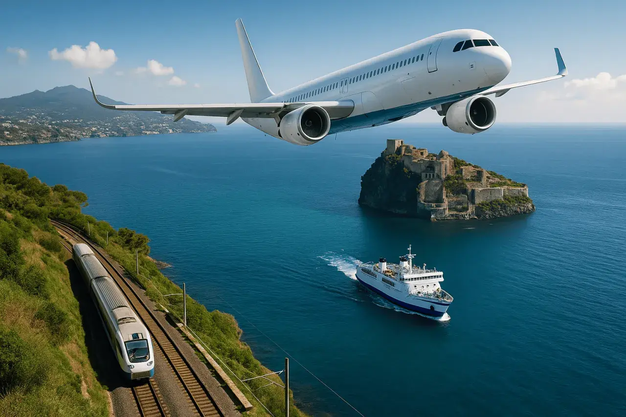 Treno costiero, traghetto e aereo: un viaggio da Napoli al porto per Ischia, con vista su un castello su un isolotto.