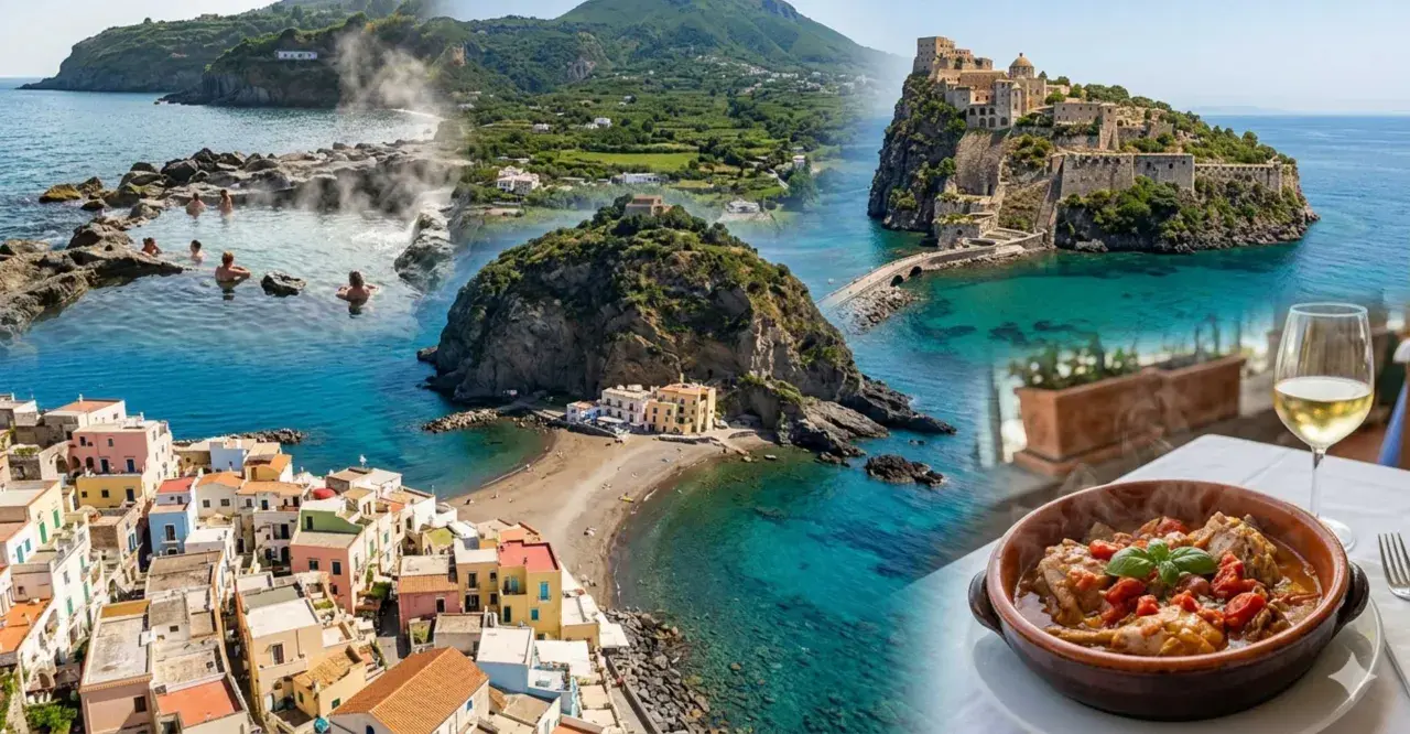 Forio Ischia centro: terme naturali, borgo colorato, castello medievale e un piatto tipico.
