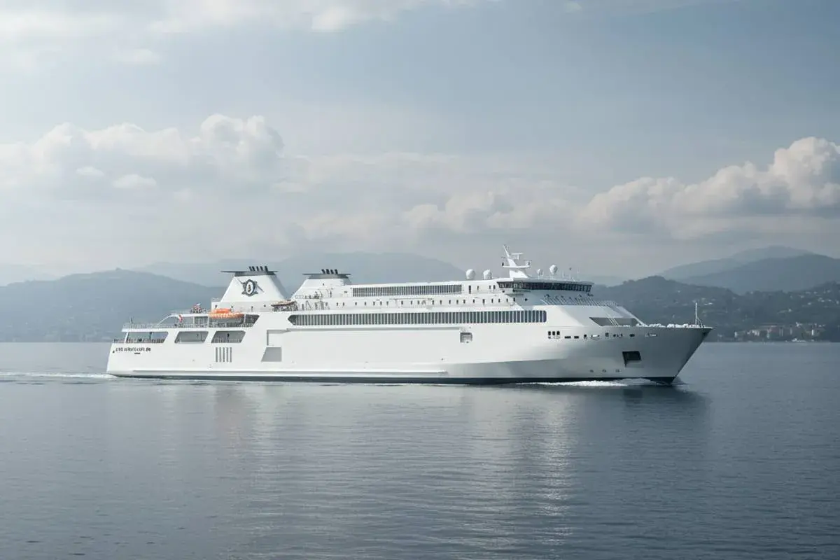 Traghetti Napoli Casamicciola: un grande traghetto bianco solca il mare, pronto a trasportare passeggeri verso l'isola.