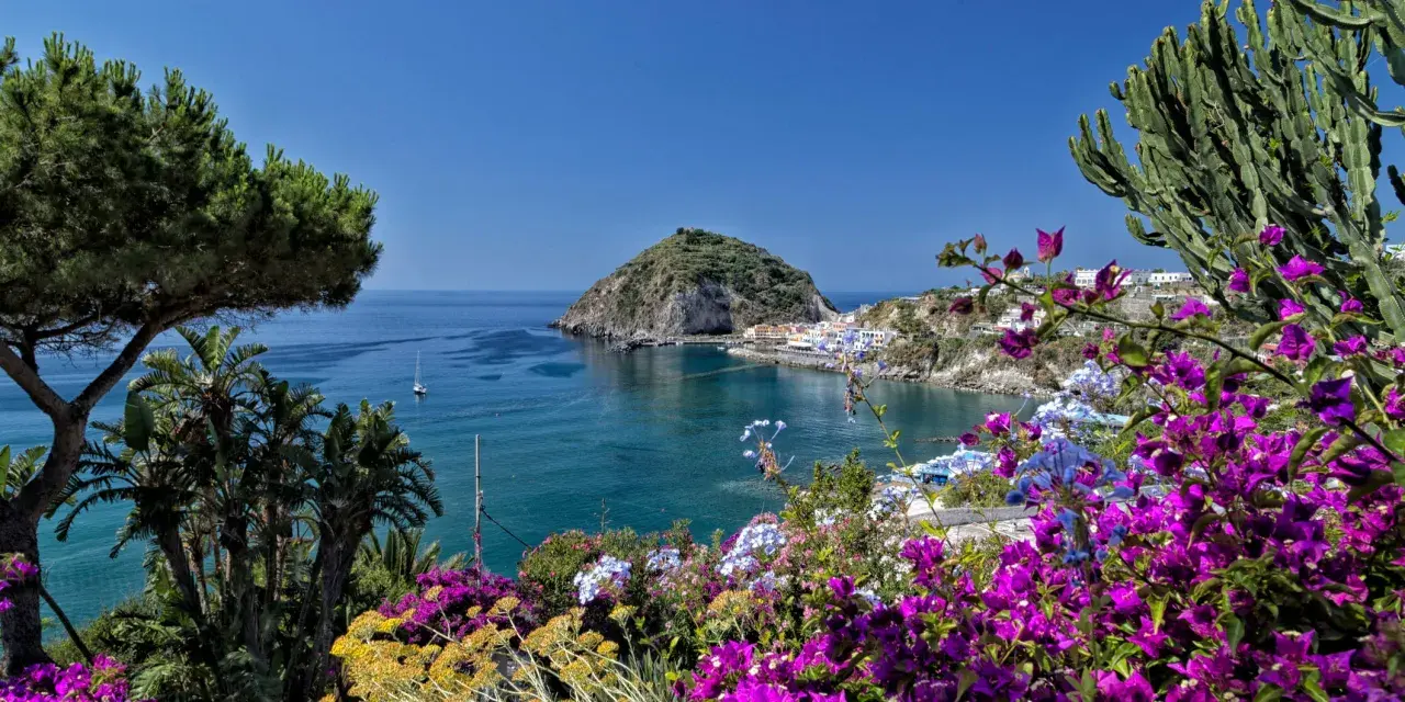 Vista mozzafiato di un golfo con un isolotto, case bianche e fiori colorati. Un assaggio di cosa vedere a Ischia.