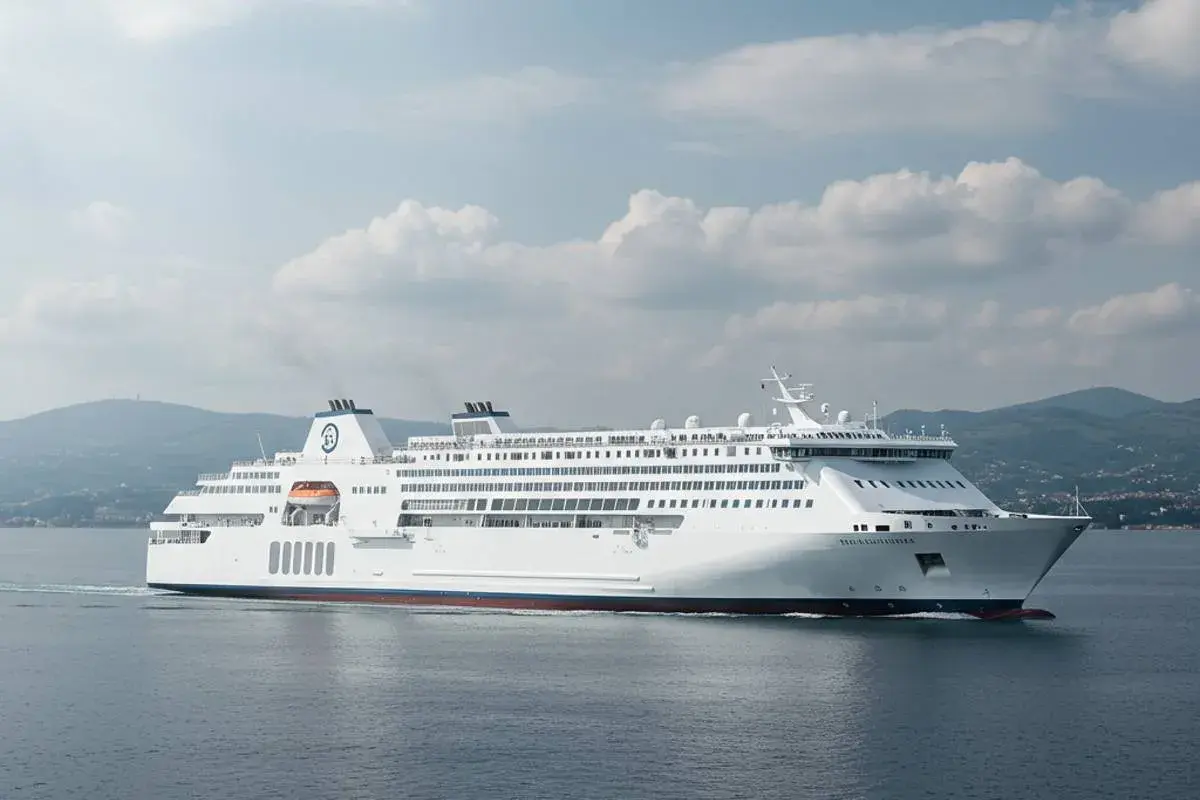 Traghetto bianco solca il mare, con le colline di Ischia vista da Napoli sullo sfondo.
