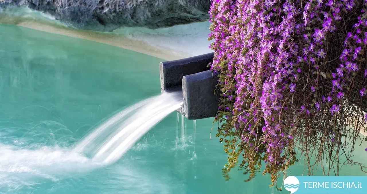 Acqua termale sgorga da una cascata in un'oasi di fiori viola. Le terme a Ischia in inverno offrono un rifugio rigenerante.