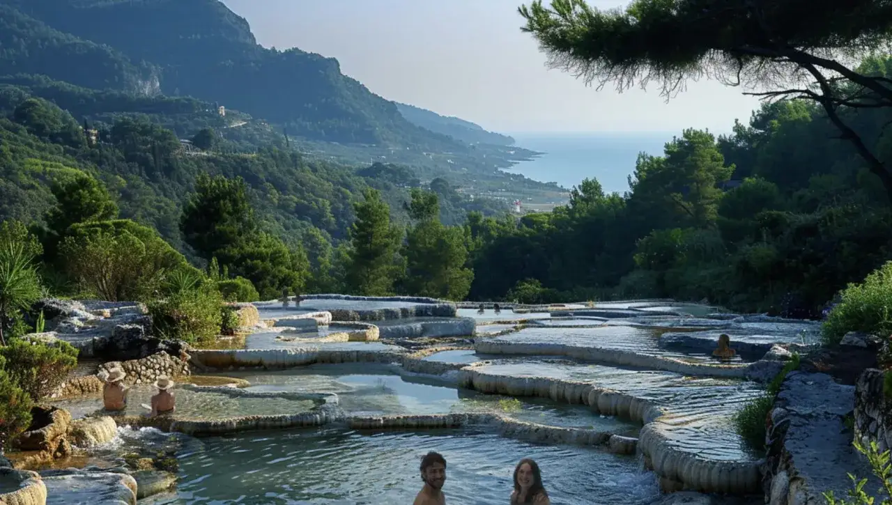 Cascate termali naturali con persone che si rilassano. Il paesaggio lussureggiante e il mare sullo sfondo evocano il casamicciola significato di benessere e natura incontaminata.