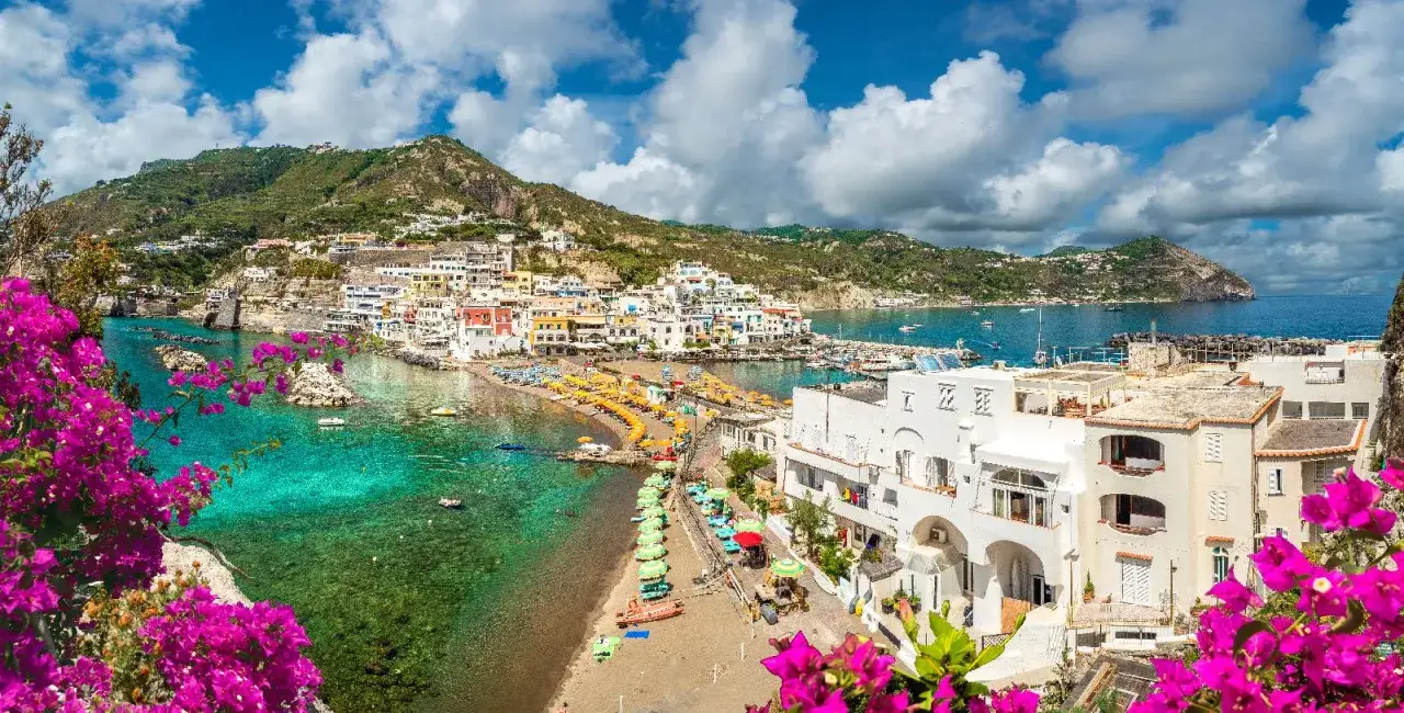 Vista panoramica di una baia con spiaggia, case colorate e montagne verdi. Il hotel Hermitage Ischia &egrave; vicino al mare, con fiori fucsia in primo piano.