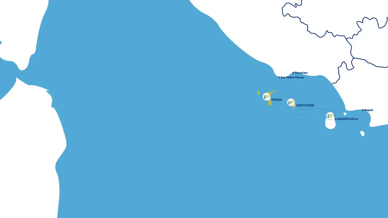 Mappa delle rotte marittime per le isole Pontine e Ischia, con collegamenti da Terracina, San Felice Circeo, Ponza, Ventotene e Casamicciola, servite da Agostino Lauro.