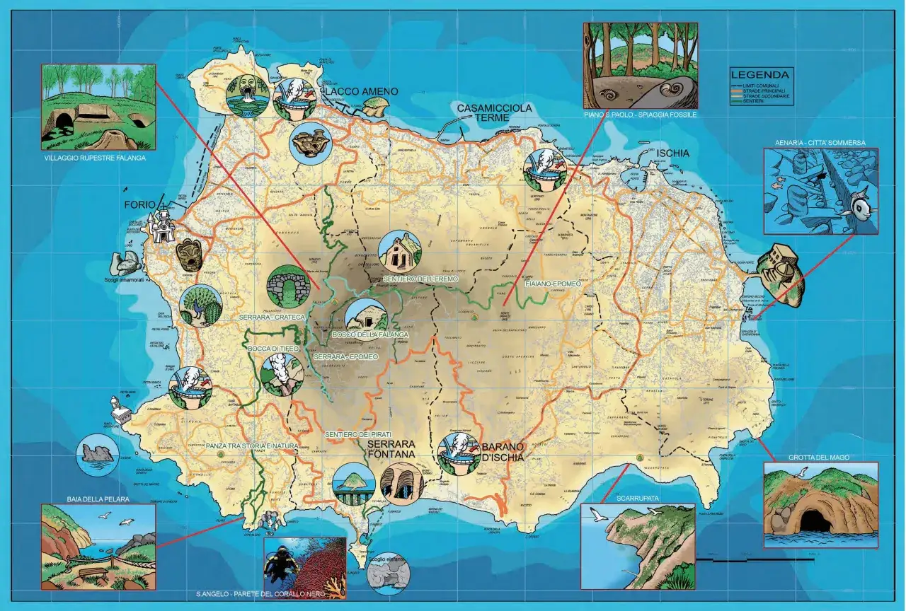 Mappa di Ischia con sentieri, borghi e spiagge. Illustra itinerari come il Sentiero dei Pirati e le spiagge di Forio, evidenziando la bellezza delle spiagge di Ischia.