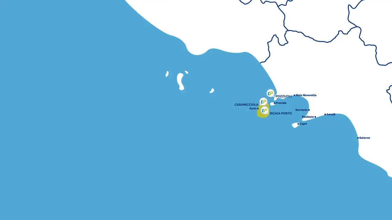 Mappa che illustra come arrivare a Ischia, con collegamenti da Pozzuoli, Procida, Casamicciola, Forio e Ischia Porto.