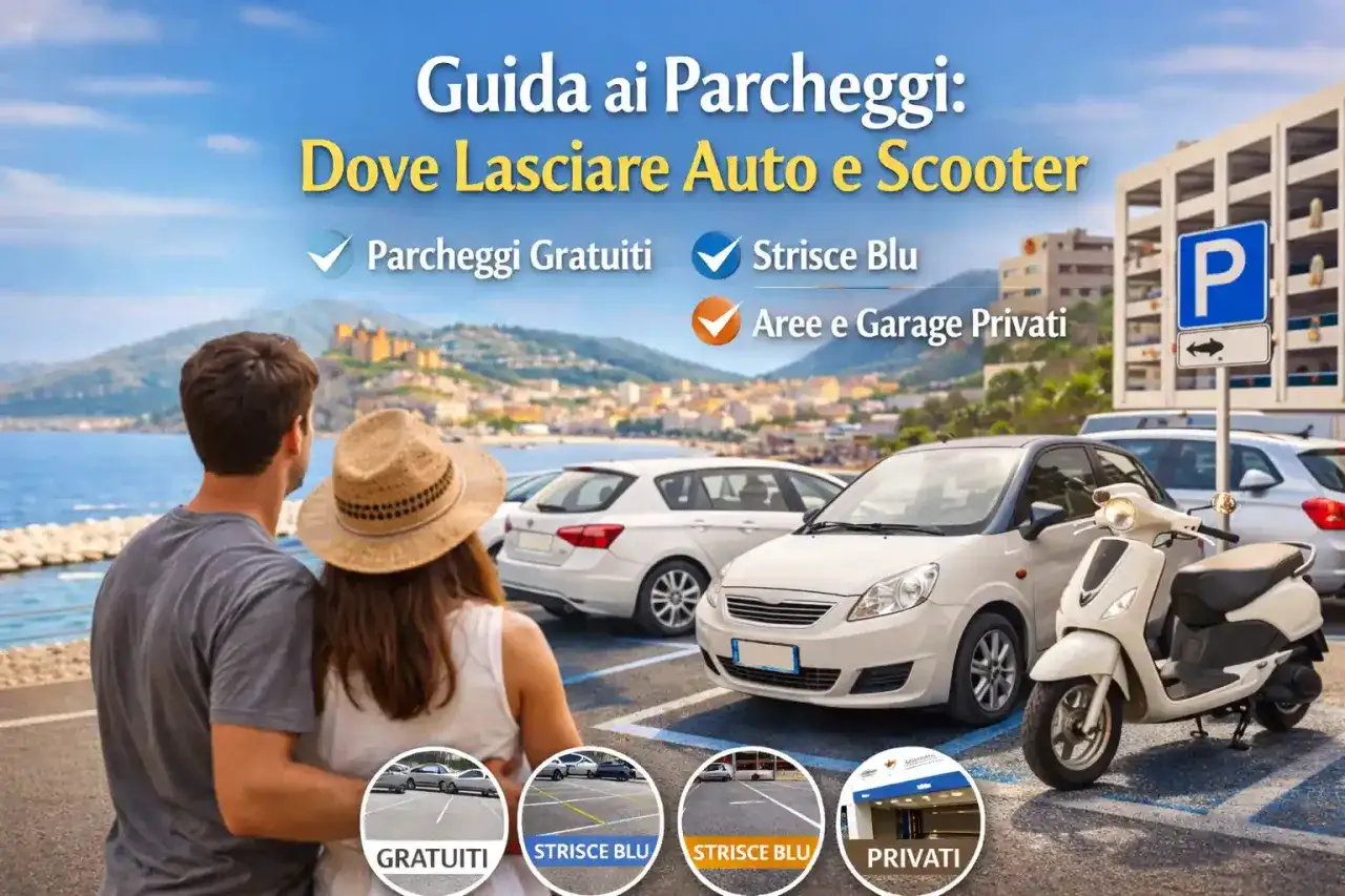 Coppia guarda il mare, con auto e scooter parcheggiati. Guida per sapere come arrivare ad Ischia in auto, tra parcheggi gratuiti, strisce blu e garage privati.