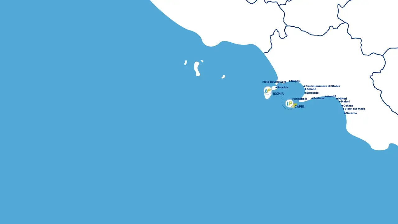 Mappa delle rotte marittime nel Golfo di Napoli. Si vedono Ischia e Capri, con indicata la distanza tra loro e altre destinazioni come Napoli, Sorrento e Salerno.