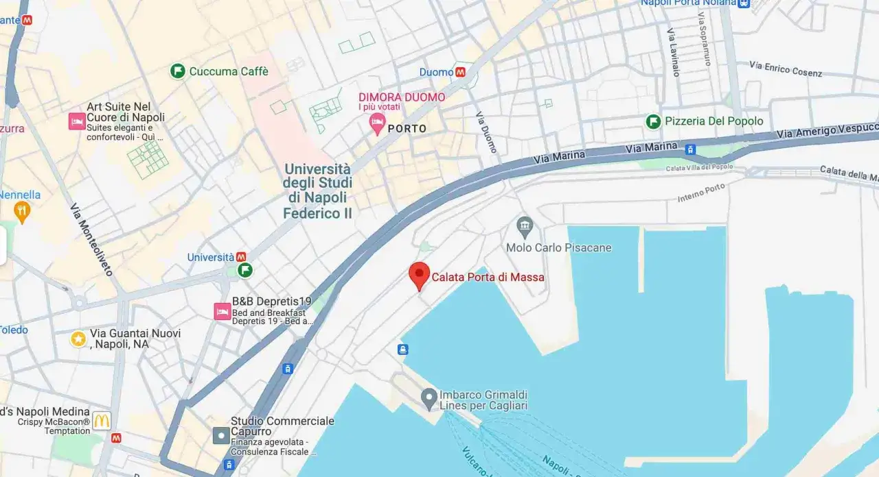 Mappa di Napoli: da Napoli Centrale a Calata Porta di Massa, passando per l'Università Federico II e il porto.